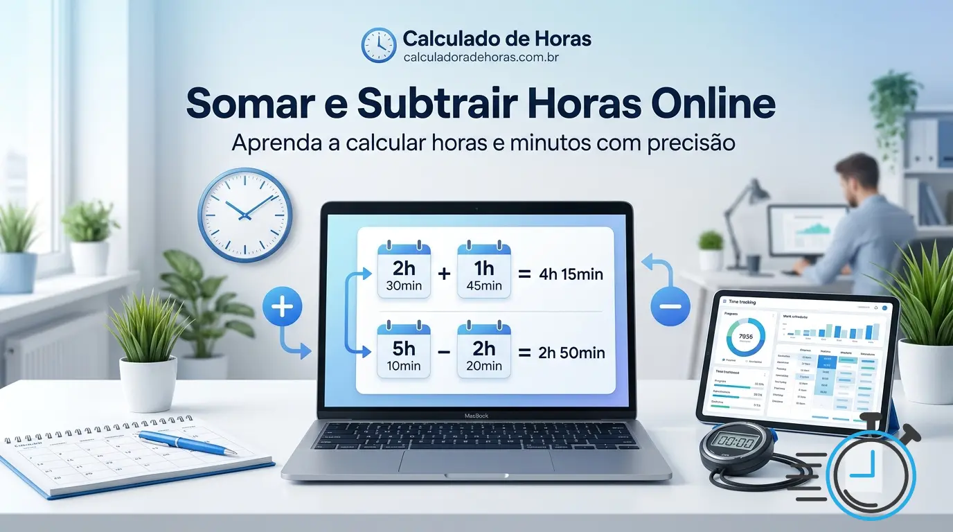 Somar e subtrair horas online usando calculadora de horas para calcular tempo, minutos e jornadas de trabalho com precisão.