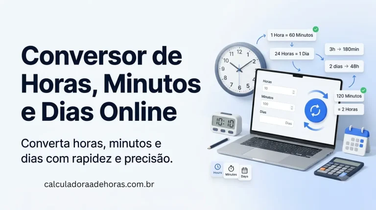 Ilustração de um conversor de horas, minutos e dias online mostrando relógio, calculadora, calendário e conversões de tempo para facilitar cálculos rápidos e precisos.